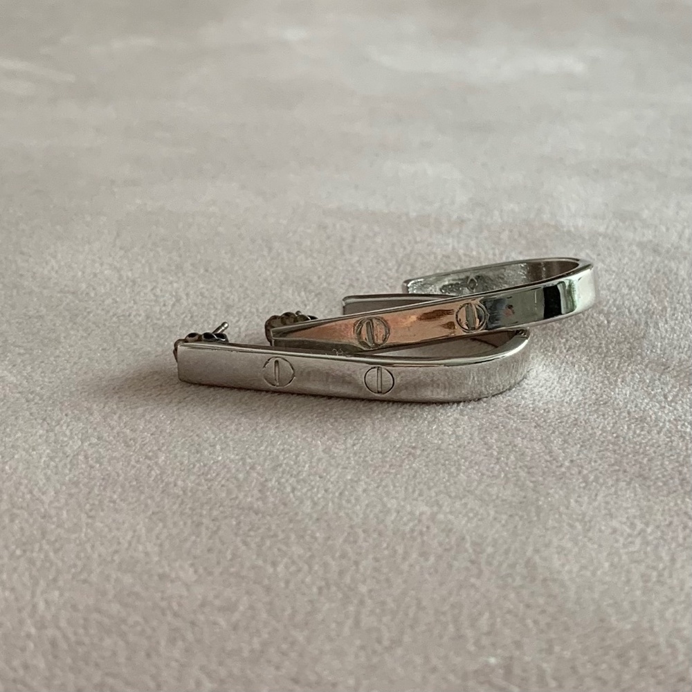 Sterling Silver J Hoop Earrings with Engraved Screw Motif